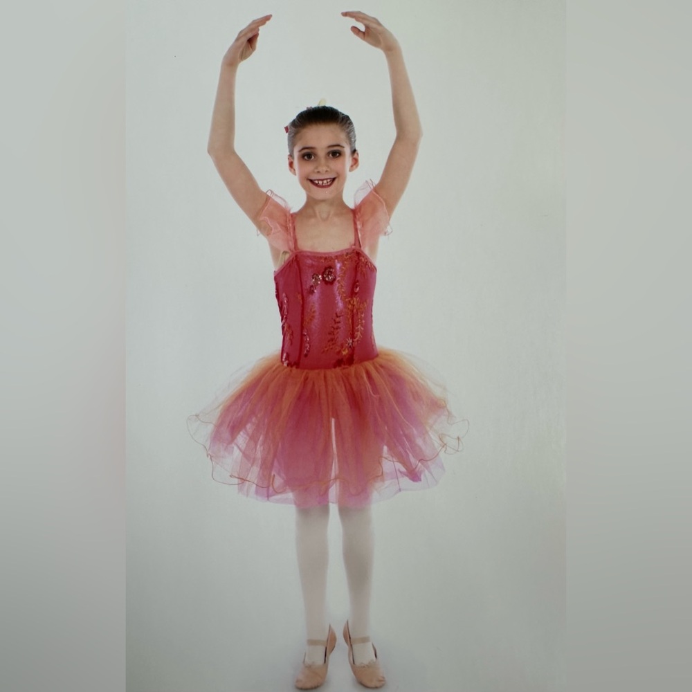 CURTAIN CALL Size Small Child Orange Lace & Sequinned Florals Dance Dress